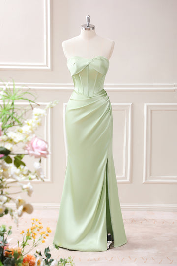 Green Sheath Corset Strapless Maxi Dress with Slit